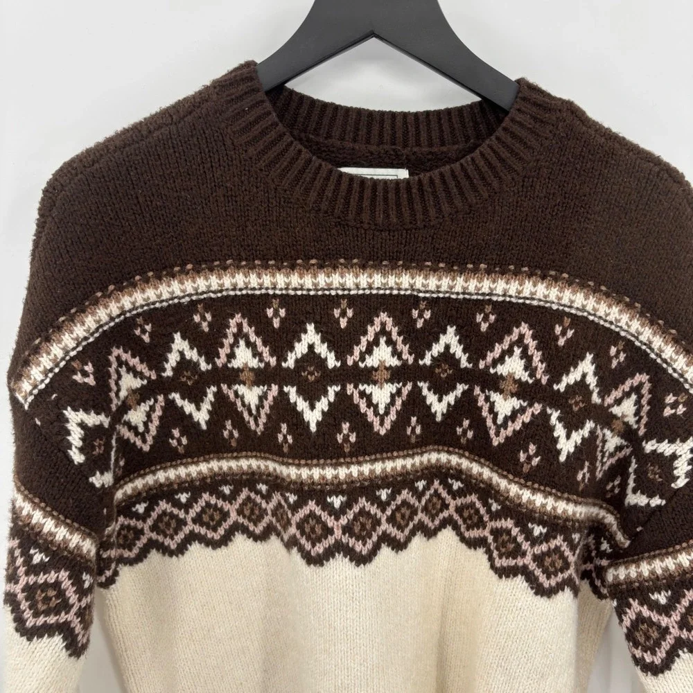 American Eagle Womens Fair Isle Crewneck Sweater Small Brown Cream Oversize Cozy
